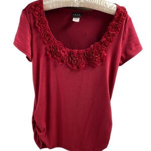 JKLA California Ladies Scoop Neck Ruffled Flower Neckline, Size M, Red